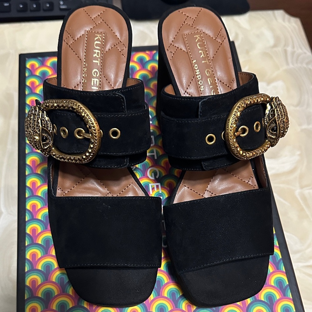 Kurt Geiger Black Mules with Gold Buckle